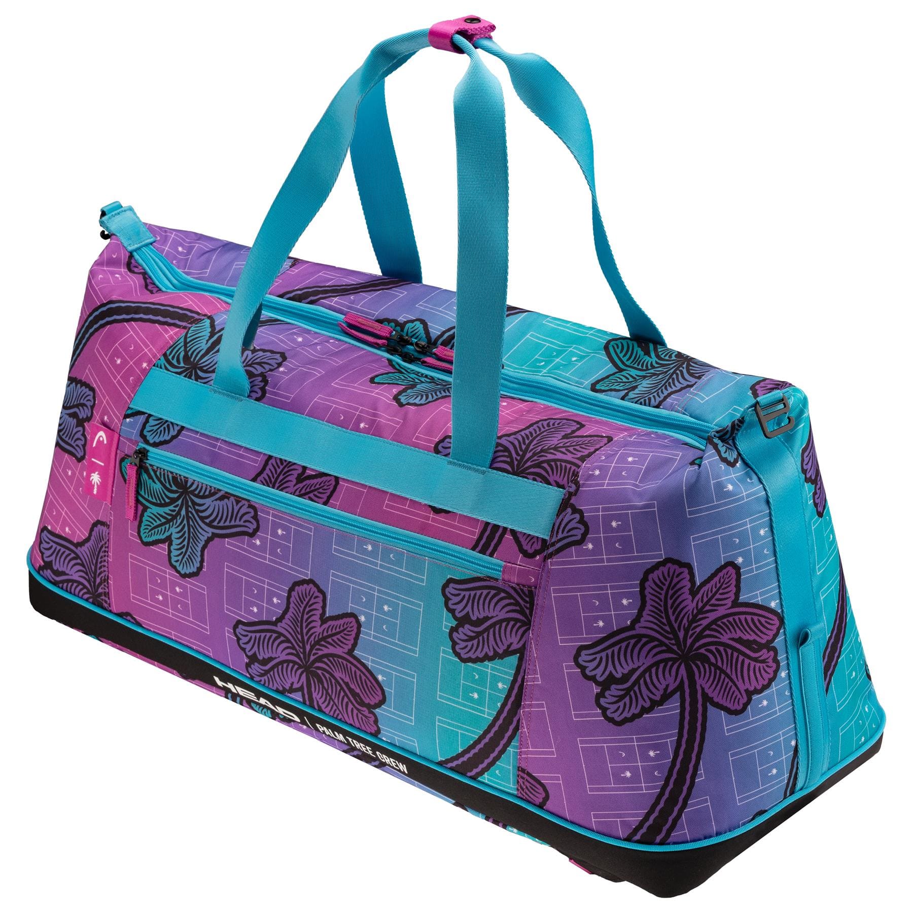 The HEAD Tour Tennis Duffle Bag L - Palm Tree Crew is a limited-edition bag with blue handles, a purple, blue, and pink gradient, palm trees and geometric shapes, a side zipper pocket, and a black base.