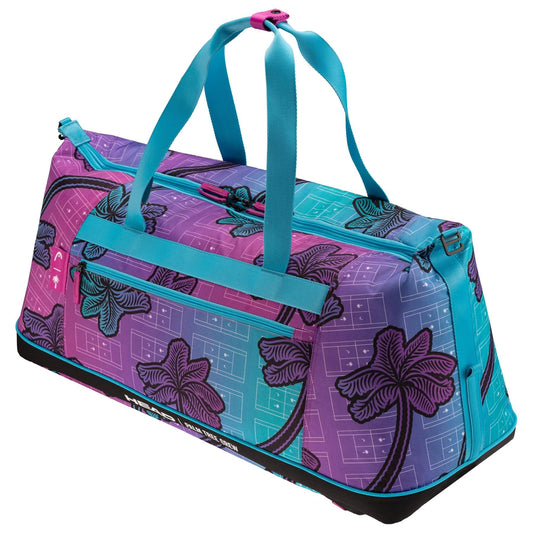 The HEAD Tour Tennis Duffle Bag L - Palm Tree Crew is a limited-edition bag with blue handles, a purple, blue, and pink gradient, palm trees and geometric shapes, a side zipper pocket, and a black base.