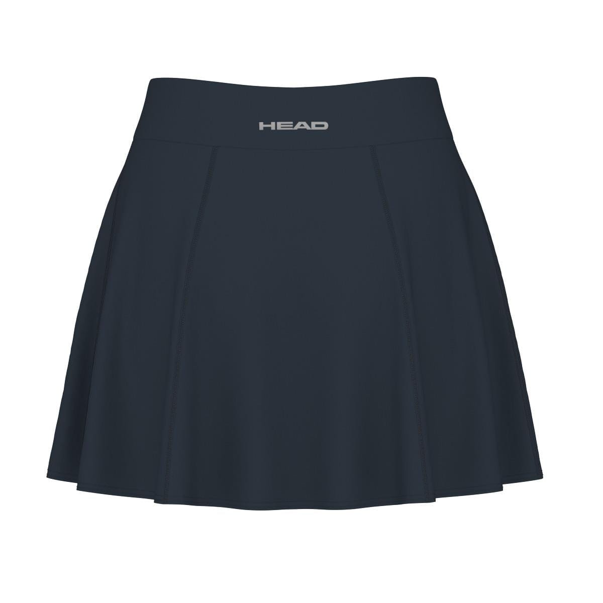 The HEAD Performance Women's Tennis Skort in navy is designed with a high waistband and features the "HEAD" logo prominently at the front center. Tailored for sports enthusiasts, it includes integrated inner shorts and is crafted from moisture transfer microfiber. Its subtle A-line shape makes it ideal for active play.