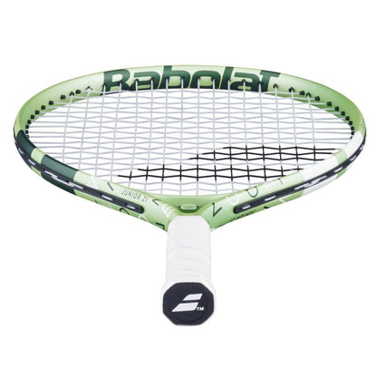 The Babolat Junior 21 Wimbledon 2025 Tennis Racket in Champagne Green is displayed from the front, highlighting its lightweight frame, white grip, and prominent black logo on the handle’s end, with strings and part of the frame also visible.