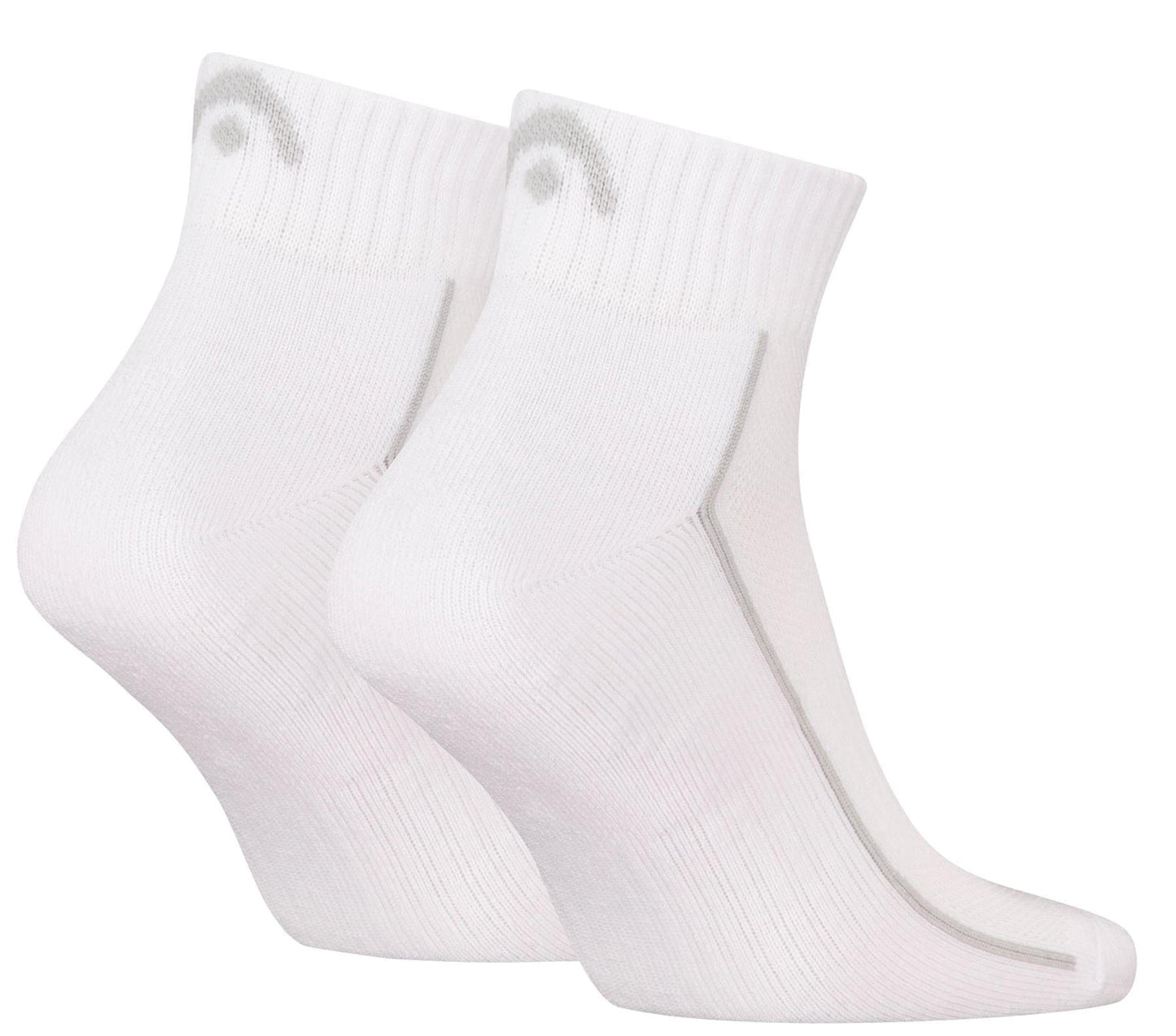 HEAD Performance Quarter Tennis Socks - White (2 Pack) by HEAD feature gray detailing, a small gray logo near the top, cushioned soles for comfort, and are shown against a plain white background.