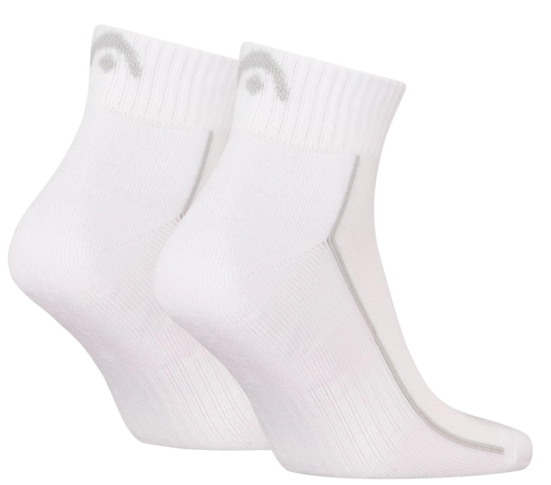HEAD Performance Quarter Tennis Socks - White (2 Pack) by HEAD feature gray detailing, a small gray logo near the top, cushioned soles for comfort, and are shown against a plain white background.