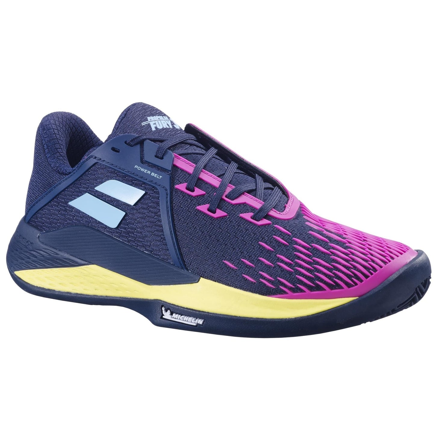Say hello to the Babolat Propulse Fury 3 2024 Men's Tennis Shoes in a striking Dark Blue/Pink Aero colorway. This athletic shoe showcases a dynamic blend of dark blue with pink and purple gradient patterns, complemented by light blue accents and a lively yellow midsole. Perfect for tennis enthusiasts, it boasts the "Power Belt" text along with a discreet "Michelin" logo on the sole for superior shock absorption.