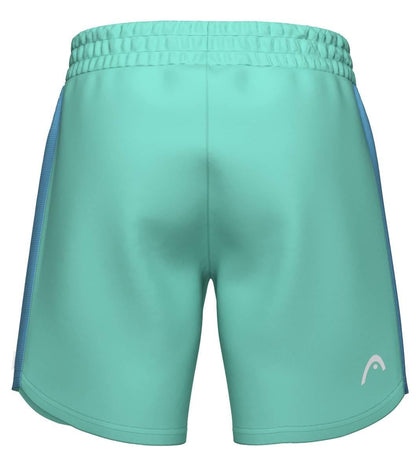 HEAD Power Men's Tennis Shorts in turquoise feature an elastic waistband, blue side panels, and a small white HEAD logo on the lower right leg. Shown from the back, these shorts are made of breathable fabric for all-day comfort.