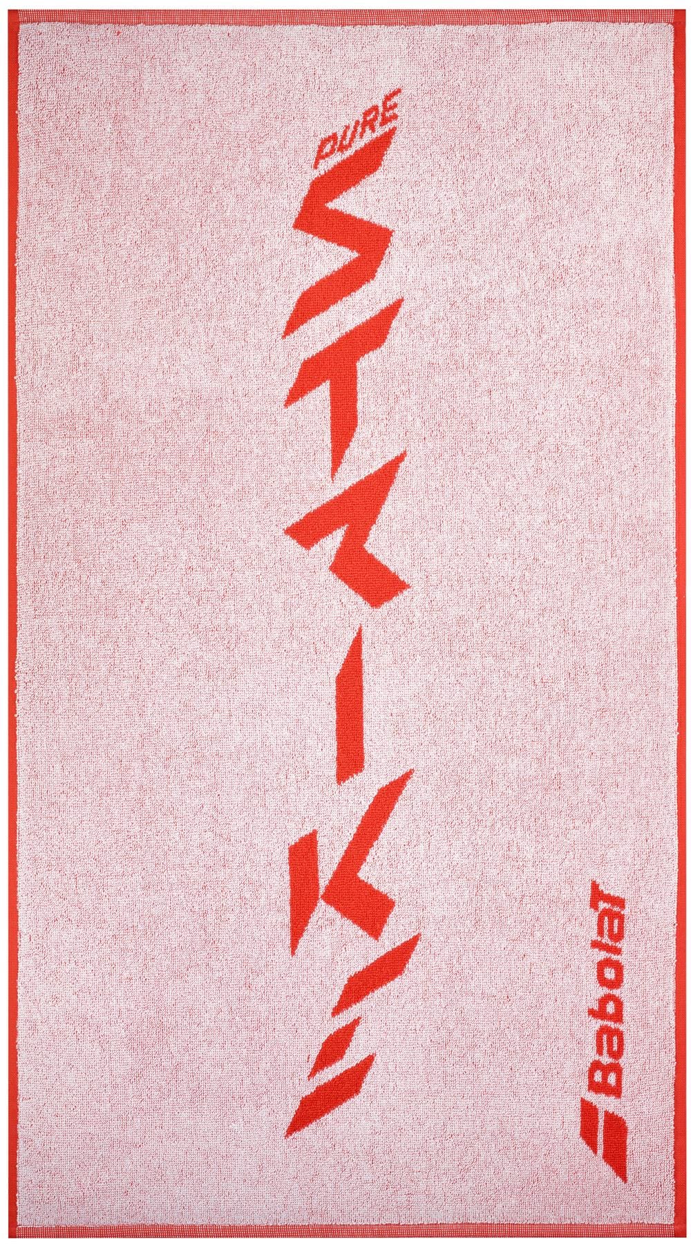 The Babolat Medium Towel - White / Strike Red is made of 100% cotton and features "PURE STRIKE" vertically in bold red text. The brand name, "Babolat," is elegantly positioned in the bottom right corner, accented with striking red edges, making it ideal for court use.