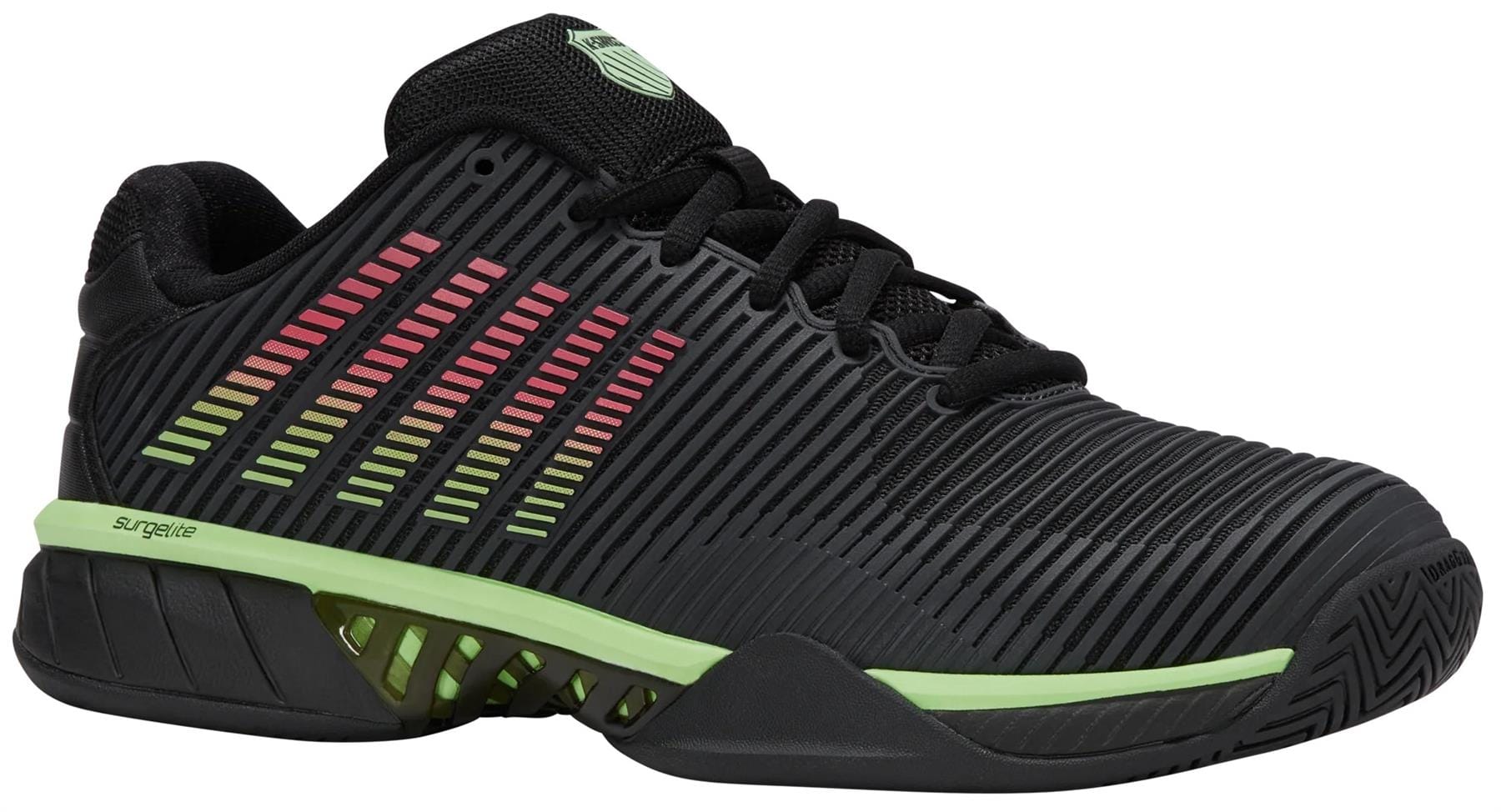 The K-Swiss Hypercourt Express 2 Men's Tennis Shoes in Black/Soft Neon Green/Neon Lava feature neon green and red gradient stripes, a black sole with green accents, and a textured design—ideal for comfortable athletic performance.
