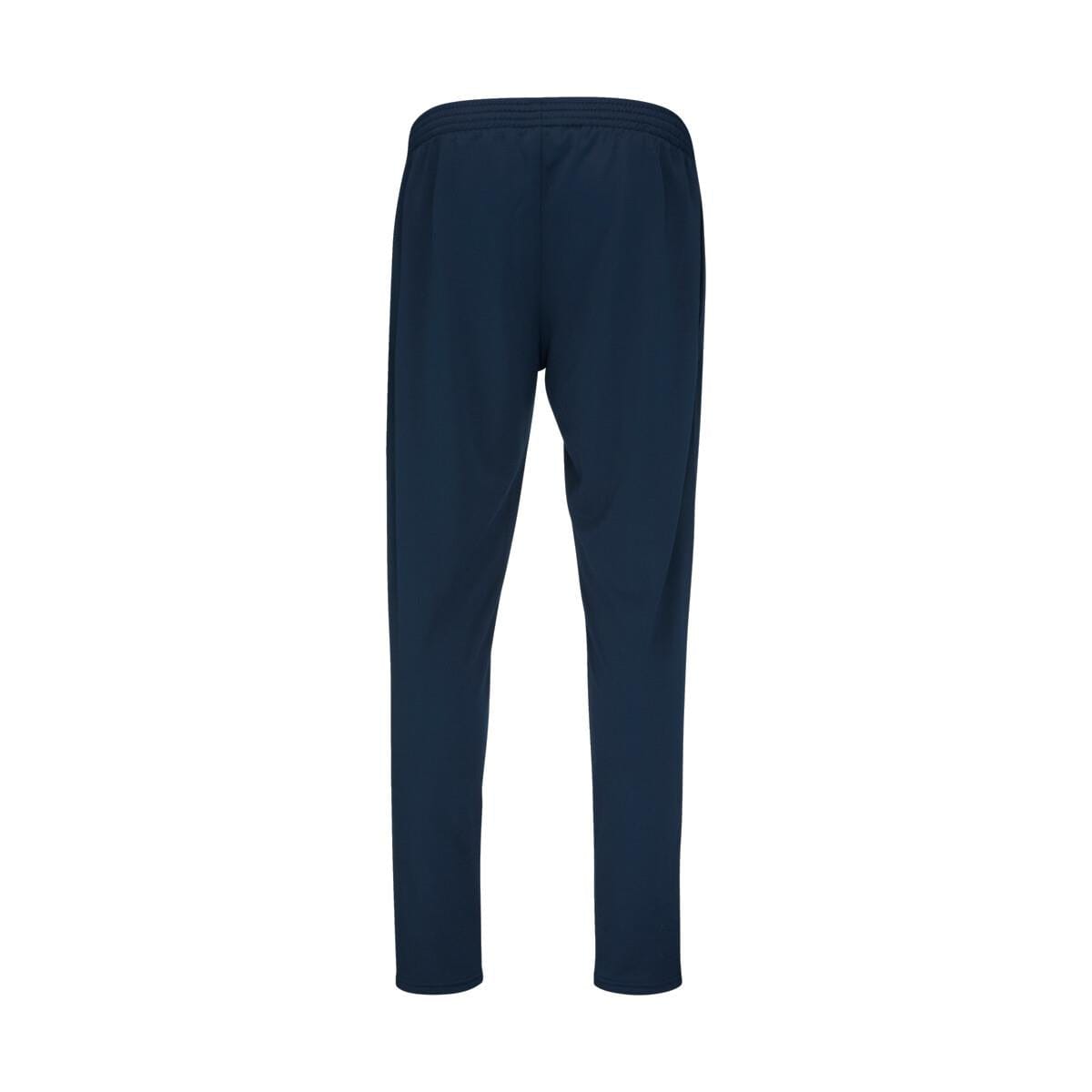 The back view of the HEAD Club Men's Easy Court Tracksuit - Dark Blue reveals plain track pants with an elastic waistband. These HEAD pants boast a simple, tapered design free from logos or patterns, crafted with moisture transfer microfiber for enhanced comfort—ideal for a tennis tracksuit ensemble. The background is white.