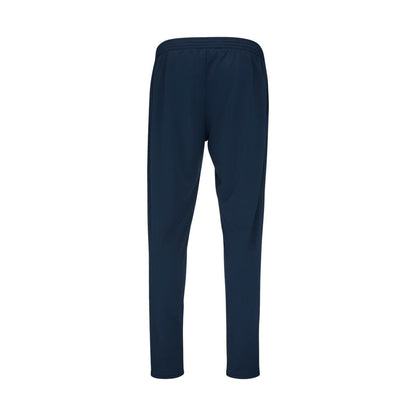 The back view of the HEAD Club Men's Easy Court Tracksuit - Dark Blue reveals plain track pants with an elastic waistband. These HEAD pants boast a simple, tapered design free from logos or patterns, crafted with moisture transfer microfiber for enhanced comfort—ideal for a tennis tracksuit ensemble. The background is white.