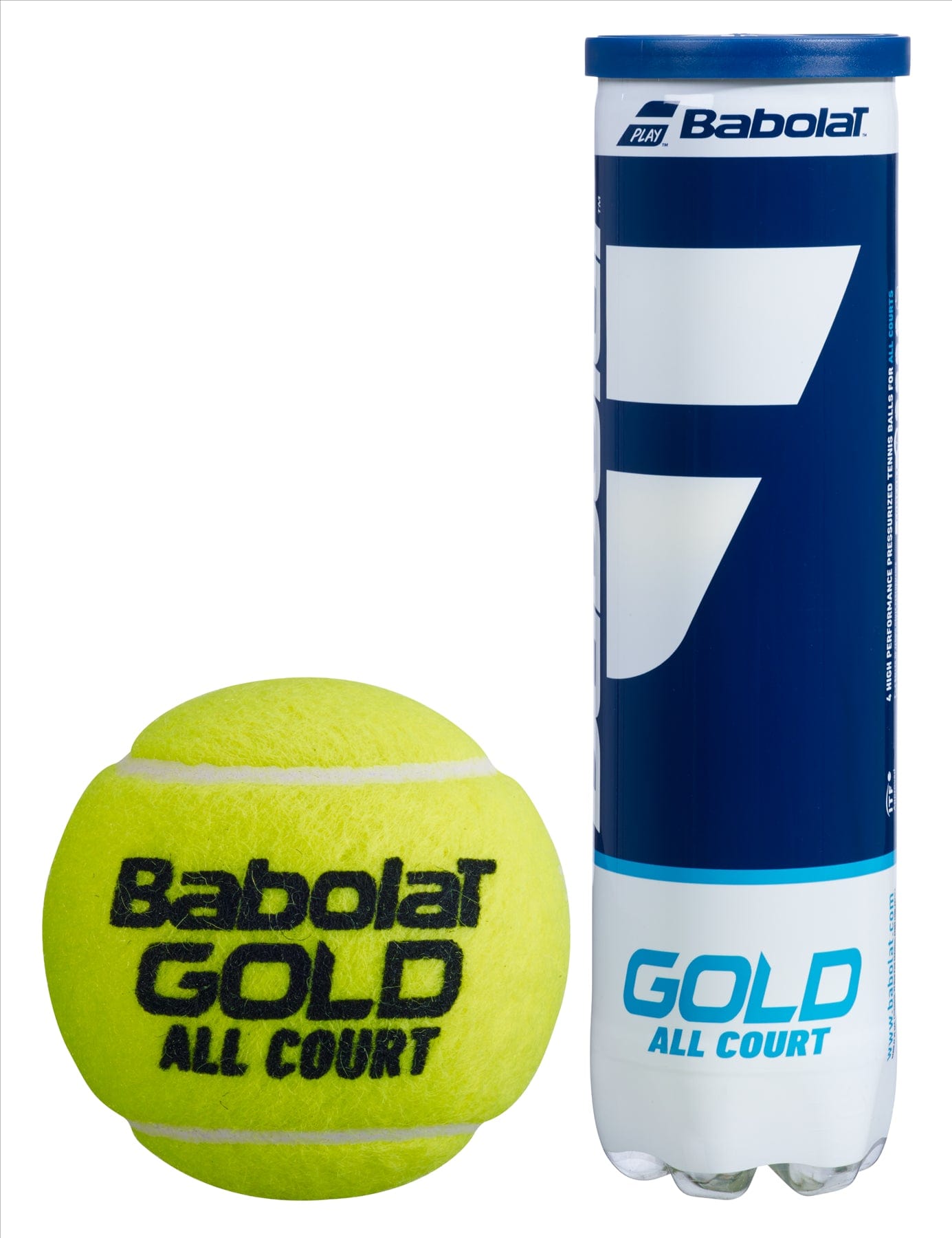 Beside a sleek cylindrical can with a blue and white design is a Babolat EVO Gold All Court tennis ball; the can, labeled "Babolat EVO Gold All Court Tennis Balls," contains additional balls.
