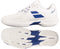 The Babolat Jet Mach 4 All Court Men's Tennis Shoes in cream and dark blue feature textured soles for grip, a sleek, modern design, and Babolat branding on the side and heel, shown from the side and bottom.