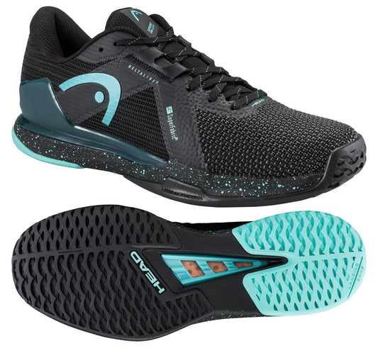 HEAD Sprint Pro 4.0 SF Men's Tennis Shoes by HEAD in Black/Teal, shown from side and sole. Features mesh upper with SuperFabric reinforcement, reinforced toe, and textured rubber outsole with "HEAD" branding.