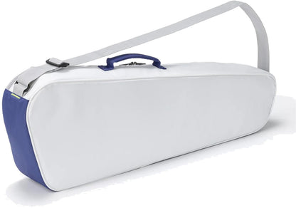 The Yonex BA52523EX Club 3 Racket Tennis Bag in white and blue features a padded design, gray adjustable shoulder strap, and blue handle—ideal for carrying sports gear or using as a lightweight tennis bag.