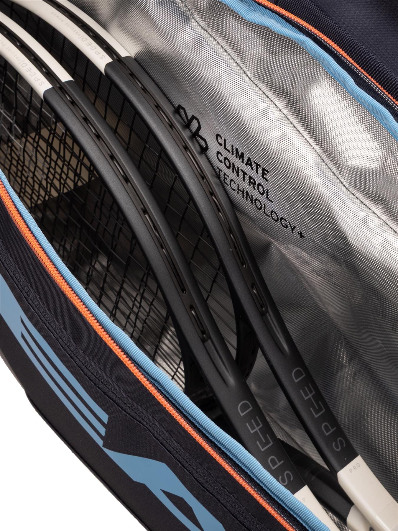A close-up of the HEAD Pro 9 Racket Tennis Bag L - Navy shows several black rackets labeled “SPEED” and a “Climate Control Technology” tag, showcasing the advanced HEAD design for optimal climate control.