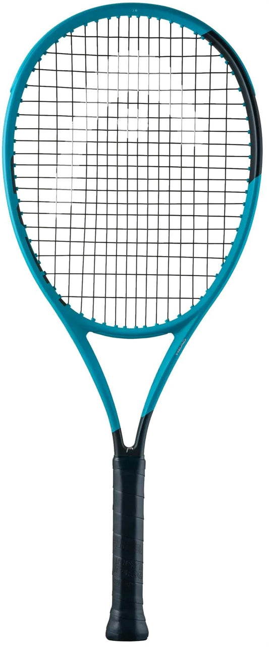 The HEAD Boom Jr 2026 Junior Tennis Racket by HEAD features a blue and black design, black grip, and tightly strung strings, displayed against a white background.