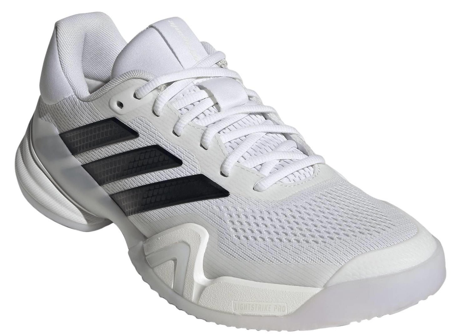 The adidas Barricade 14 Men’s Tennis Shoes in white, featuring black stripes, a mesh upper, white laces, and a textured sole, are displayed angled on a plain white background.