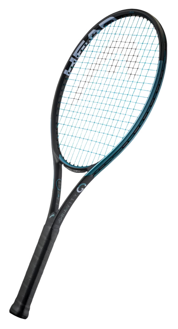 The HEAD IG Gravity Junior 26 2025 Tennis Racket in black, featuring Innegra technology and patterned strings, promises enhanced performance and stability for young players, showcased diagonally on a white background.