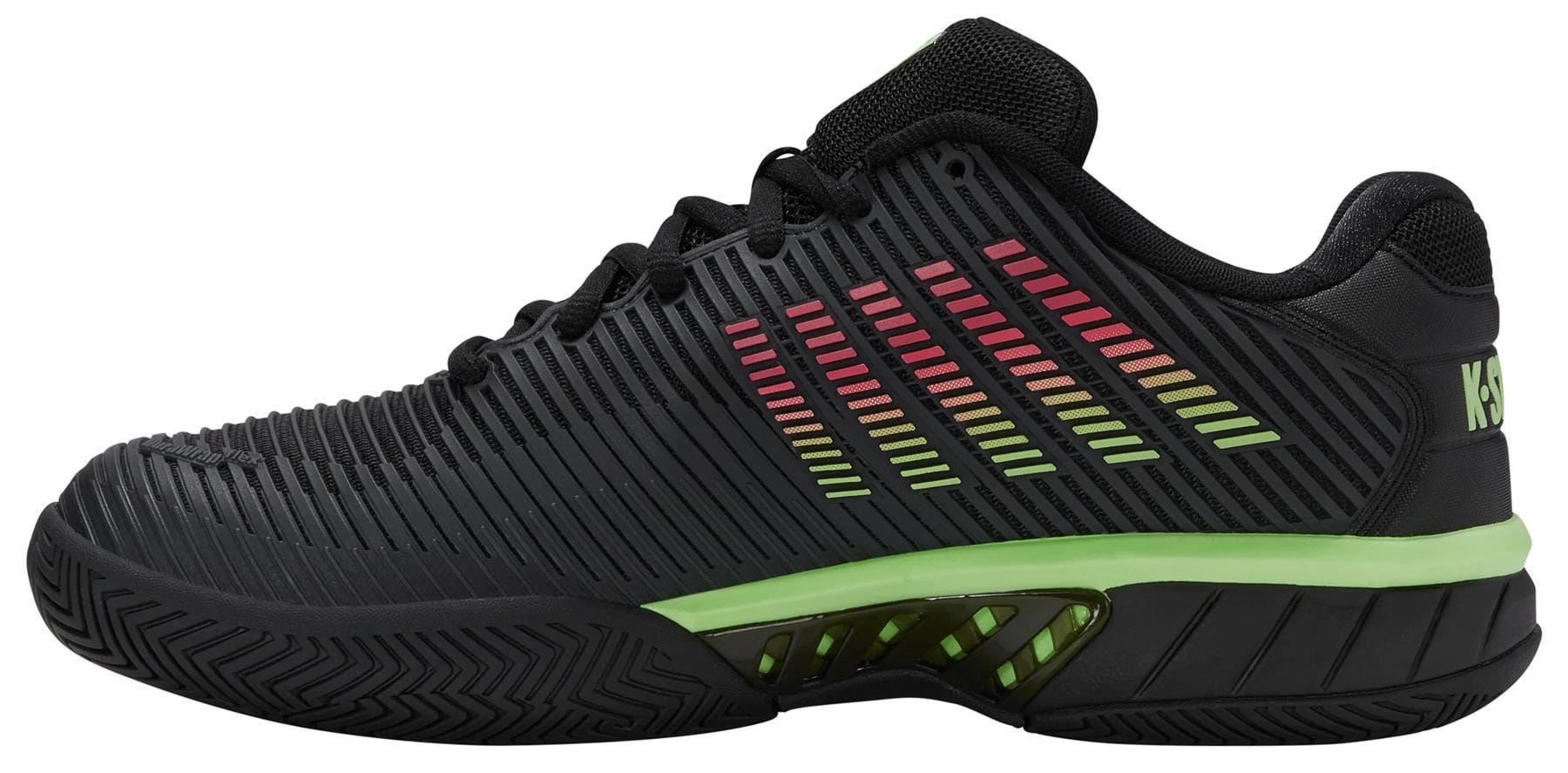 The K-Swiss Hypercourt Express 2 Men's Tennis Shoes in Black/Soft Neon Green/Neon Lava feature a textured sole, green midsole, red-to-yellow gradient stripes, low-top fit, and ventilation grooves for breathable comfort.