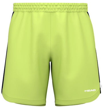 The HEAD Power Men's Tennis Shorts - LL are bright green with a visible elastic waistband, featuring black side accents. Made from moisture-wicking microfiber for comfort and performance, they have the "HEAD" logo printed in white at the bottom of the left leg for a sporty look.