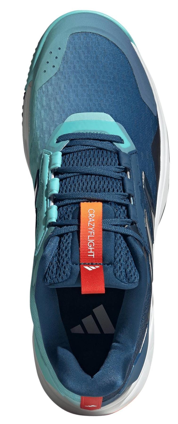 A top view of the adidas Crazyflight 6 Men's Indoor Tennis Shoes in navy, featuring a white sole, orange "CRAZYFLIGHT" pull tab, and adidas logo on the tongue and heel—ideal for indoor sports.