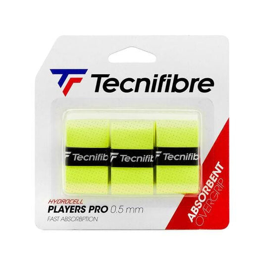 Packaging of the Tecnifibre Players Pro Tennis Overgrip, a three-pack in neon yellow. These overgrips, labeled as "Hydrocell Players Pro 0.5 mm," offer fast and optimal absorption for superior playing comfort on the court.