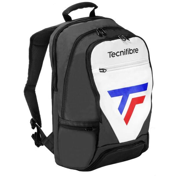 The Tecnifibre Tour Endurance 2023 Tennis Backpack in white and black features a red and blue logo on the front pocket. Designed for racket sports enthusiasts, it includes zippered compartments, adjustable padded straps, and is made from tearproof Tarpaulin fabric for exceptional durability.