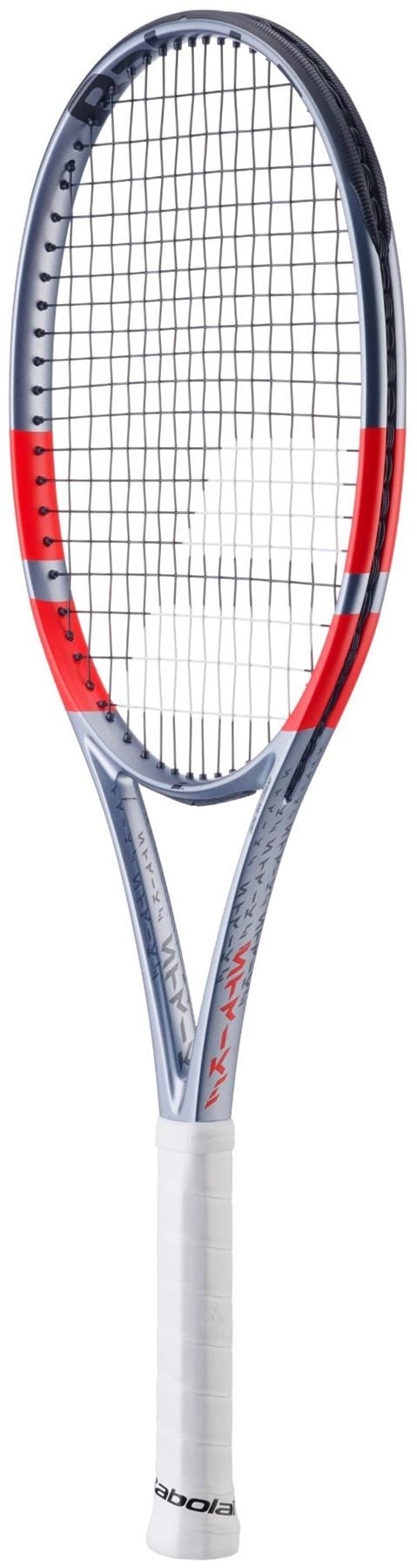 The Babolat Pure Strike 100 Gen4 Tennis Racket in Carbon Grey features a white grip and red accents, designed with advanced technologies for precision and control, photographed against a white background.