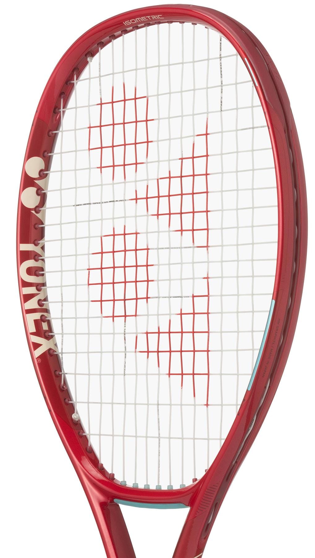 The Yonex VCORE 100 Ruby Red 2026 Tennis Racket features white strings and a red Yonex logo on the string bed, designed for maximum spin, displayed against a white background.