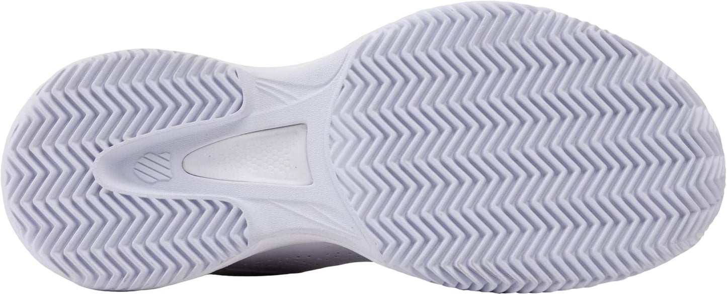 Close-up of the K-Swiss Court Express 2 Clay Women's Tennis Shoe (White/Purple Haze/Neo Lavender), highlighting its textured herringbone rubber sole for optimal traction on clay courts and an arch-area cutout.