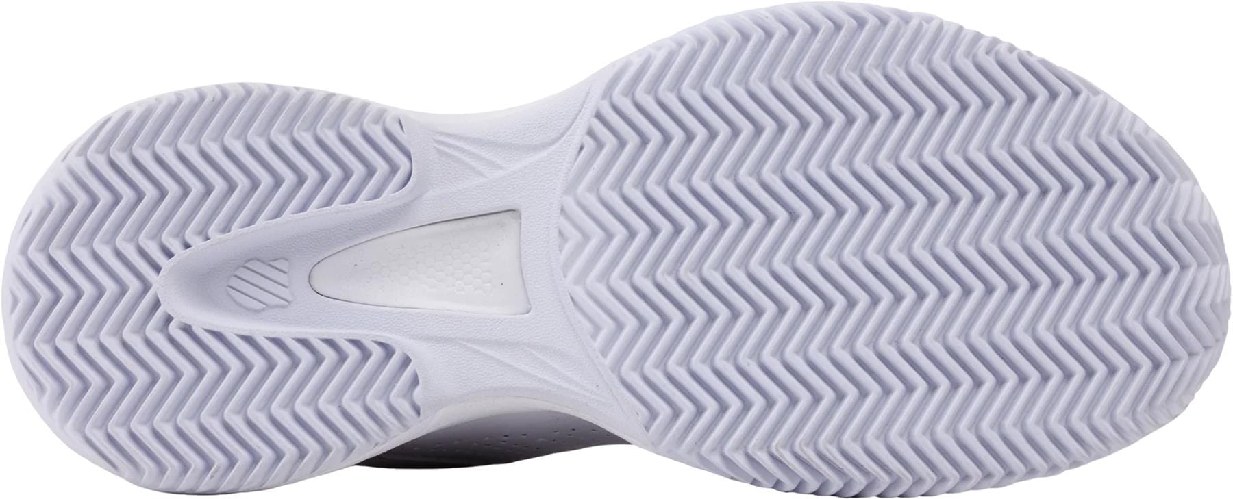 Close-up of the K-Swiss Court Express 2 Clay Women's Tennis Shoe (White/Purple Haze/Neo Lavender), highlighting its textured herringbone rubber sole for optimal traction on clay courts and an arch-area cutout.
