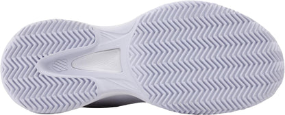 Close-up of the K-Swiss Court Express 2 Clay Women's Tennis Shoe (White/Purple Haze/Neo Lavender), highlighting its textured herringbone rubber sole for optimal traction on clay courts and an arch-area cutout.