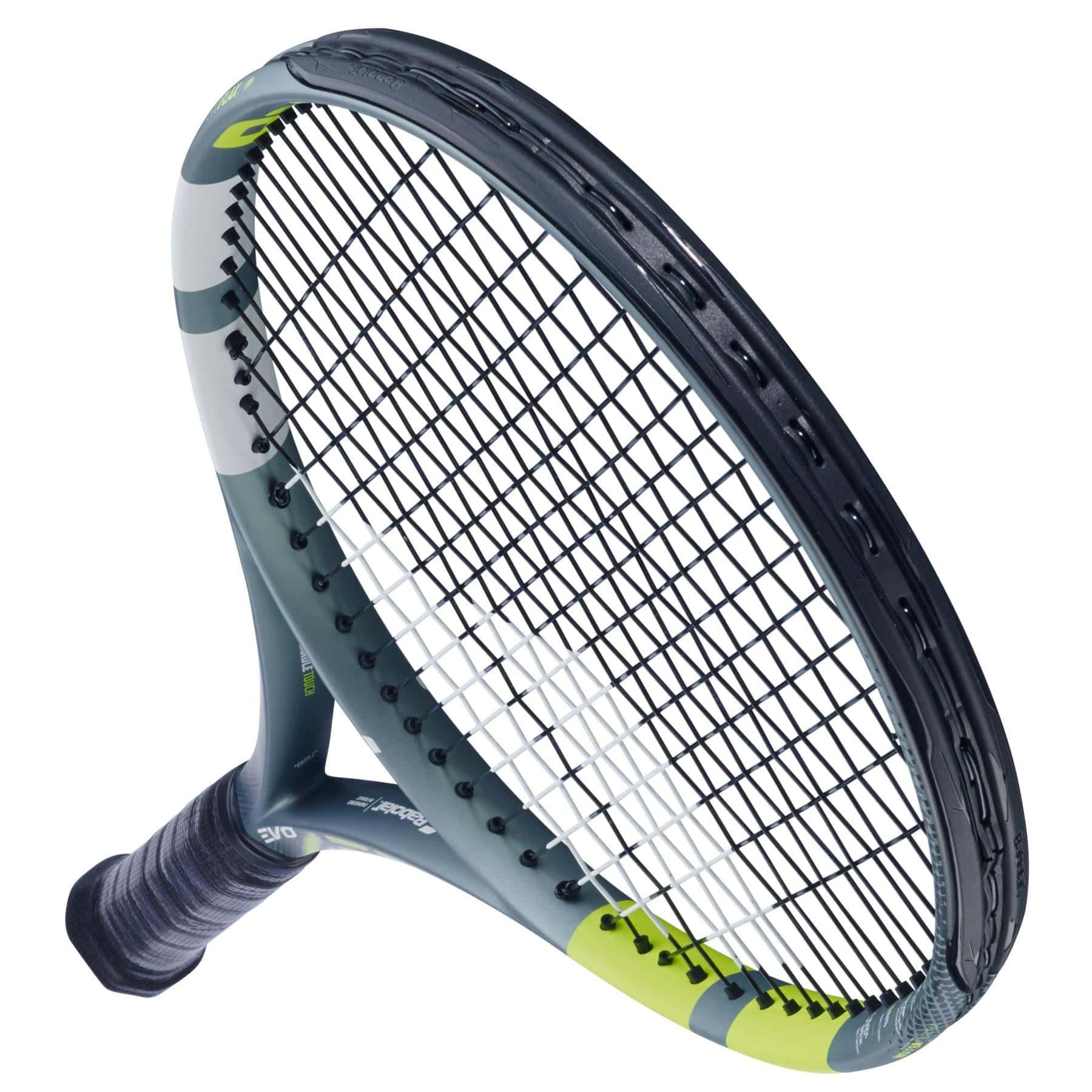 A close-up of the Babolat Evo Aero 2026 Tennis Racket shows its black and gray frame, black strings, and green accents, designed for intermediate to advanced players, displayed against a white background.