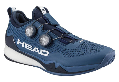 The HEAD Endure Pro BOA Men's Tennis Shoes in dark blue/navy feature a textured upper, white cushioned sole, and dual BOA twist-dial fasteners for an adjustable fit.