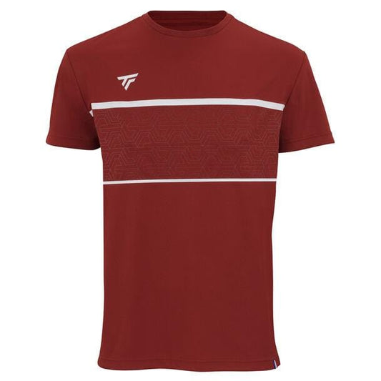 Introducing the Tecnifibre Men's Team Tech Tennis T-Shirt in Cardinal: an athletic short-sleeve t-shirt crafted from polyester knit. It showcases a subtle geometric pattern on the chest and is designed with body ventilation for ultimate comfort. A horizontal white stripe and a small branded logo complement this sleek design perfectly.