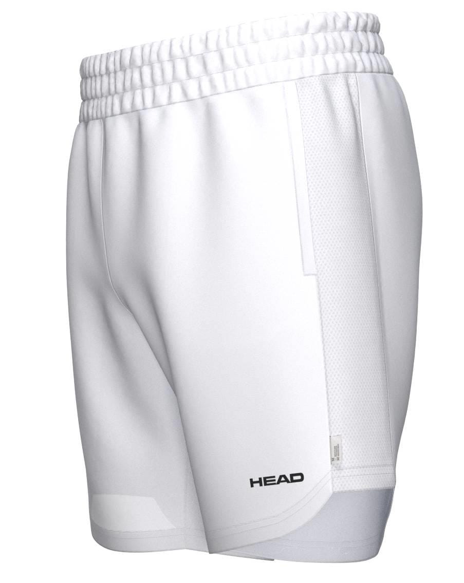 HEAD Power Men's Tennis Shorts in white feature an elastic waistband, mesh side panels for breathability, and a black HEAD logo near the hem. Made from lightweight, moisture-wicking material for comfortable performance.