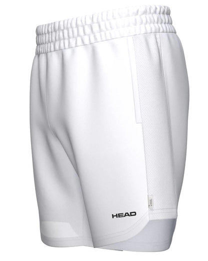 HEAD Power Men's Tennis Shorts in white feature an elastic waistband, mesh side panels for breathability, and a black HEAD logo near the hem. Made from lightweight, moisture-wicking material for comfortable performance.