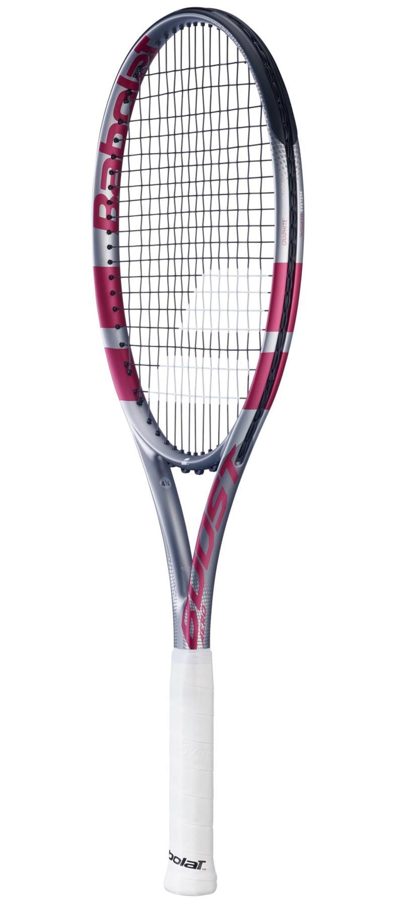 The Babolat Boost Aero Pink 2026 Tennis Racket features a white grip, dark gray and pink frame, and black strings, shown against a plain white background.