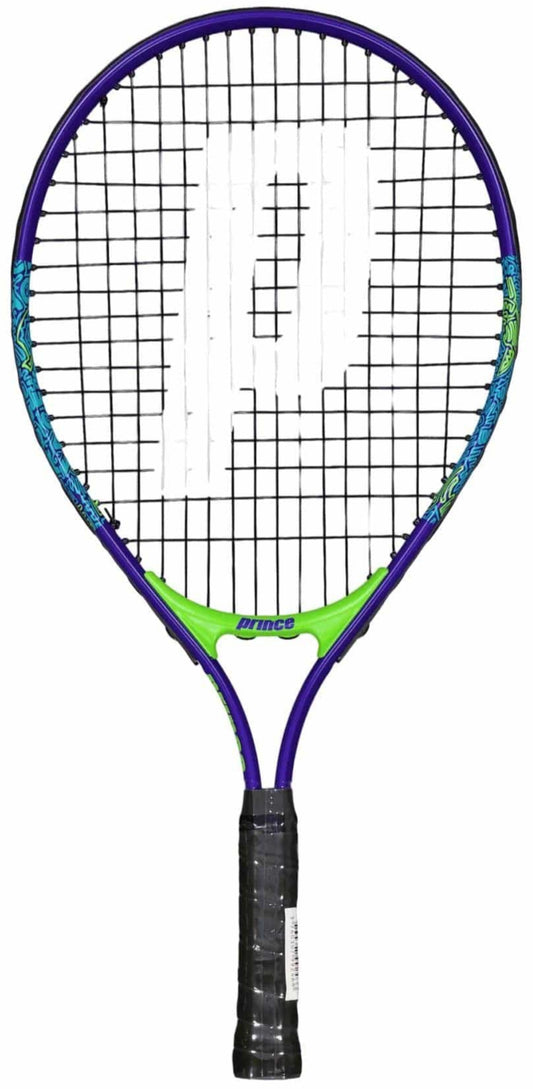 The Prince Ace/Face 21 Junior Tennis Racket features a blue and green frame crafted from lightweight aluminum, perfect for beginners aiming to generate power. The black strings prominently display the large "P" logo, and the handle is wrapped in sleek black grip tape.