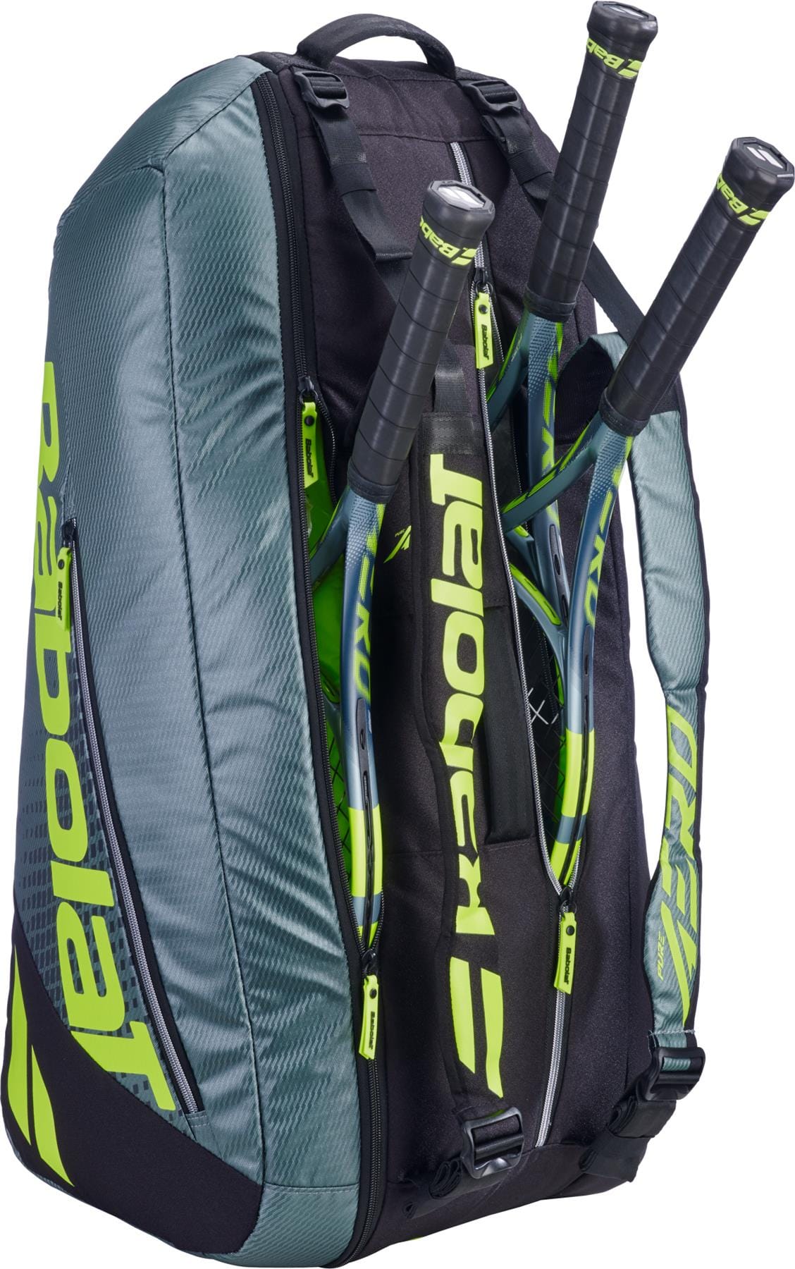 The Babolat RH6 Pure Aero 6 Racket Tennis Bag in grey and yellow holds up to six racquets, features distinctive Babolat branding, and offers multiple spacious storage compartments.