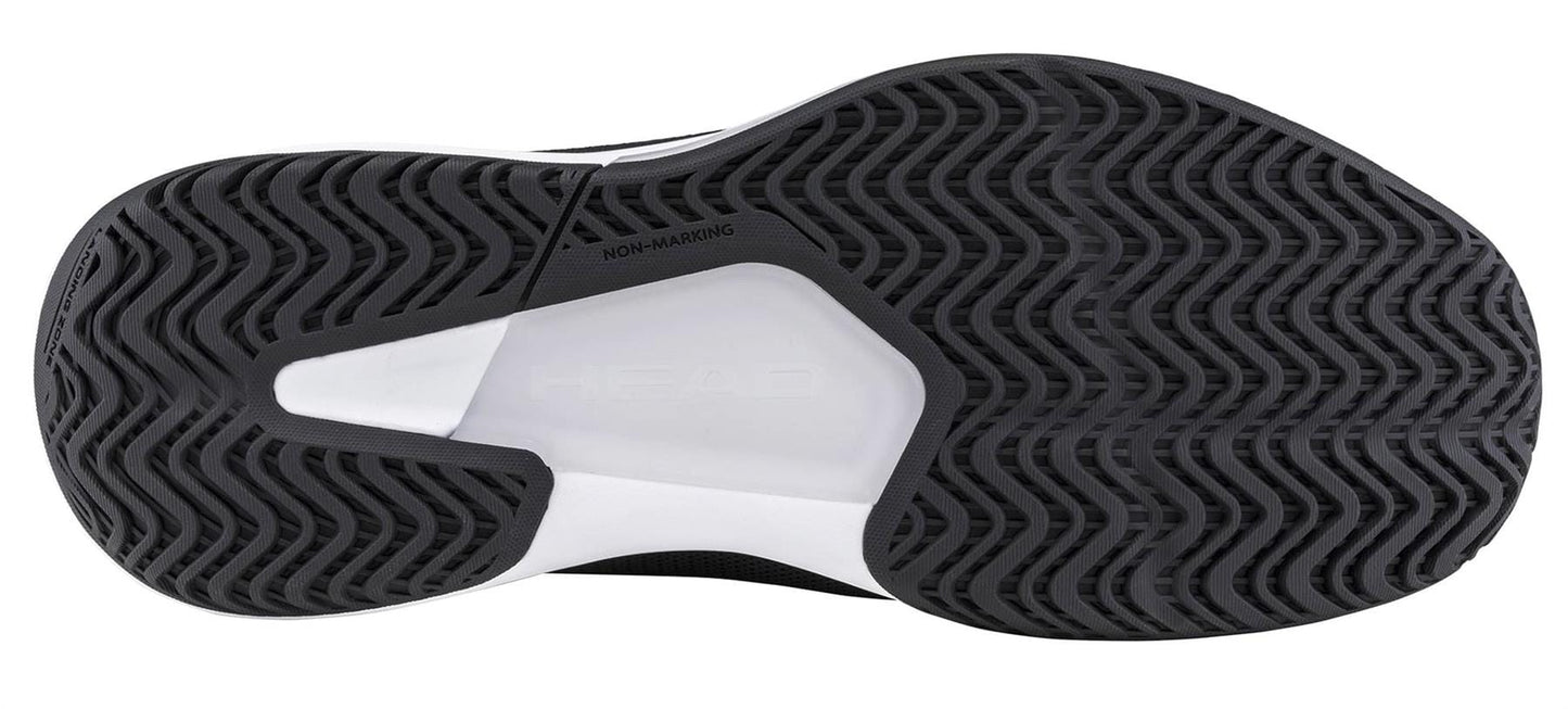Close-up of the sole of HEAD Revolt Court 5.0 Mens Tennis Shoes - Black / White shows a black and white herringbone tread, "HEAD" embossed in the center, and "NON-MARKING" near the arch.