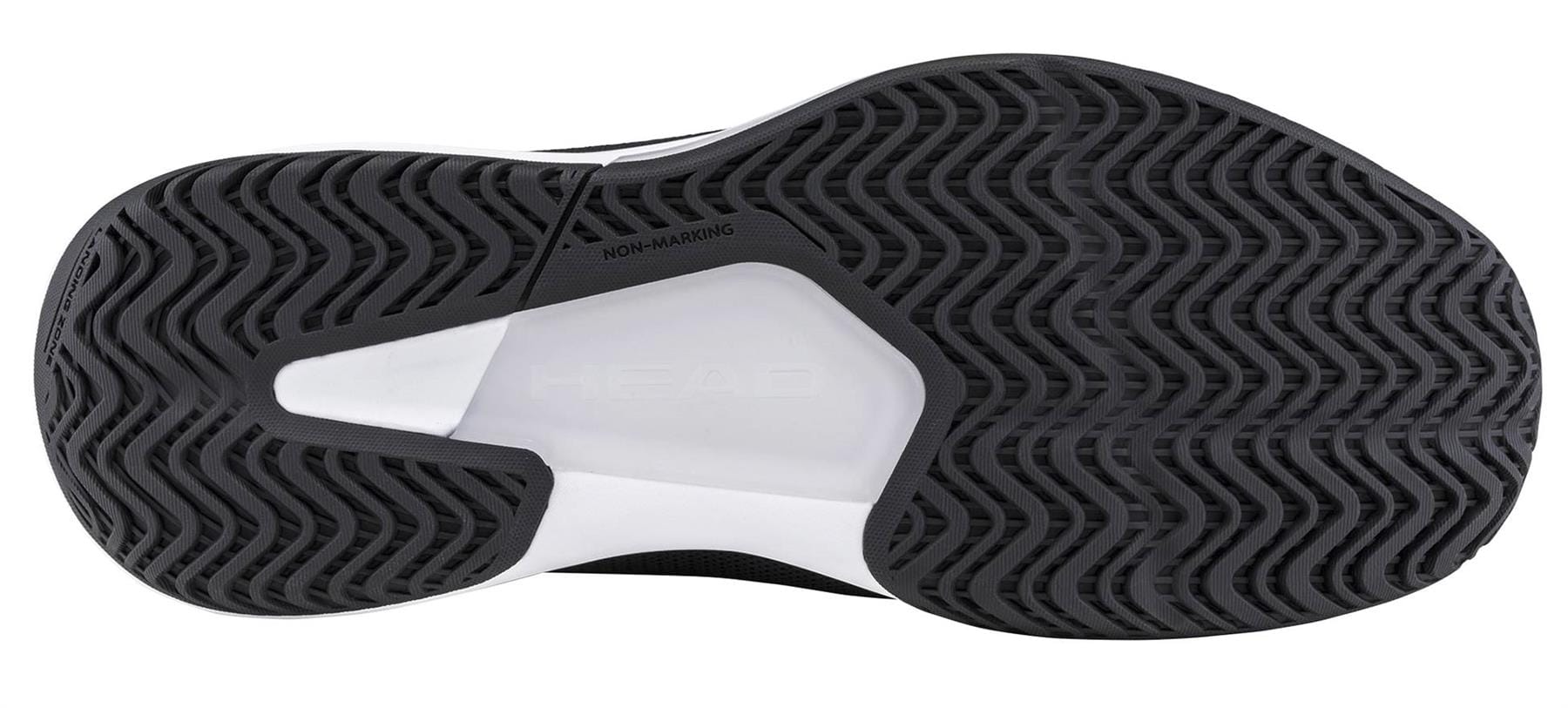 Close-up of the sole of HEAD Revolt Court 5.0 Mens Tennis Shoes - Black / White shows a black and white herringbone tread, "HEAD" embossed in the center, and "NON-MARKING" near the arch.