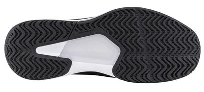 Close-up of the sole of HEAD Revolt Court 5.0 Mens Tennis Shoes - Black / White shows a black and white herringbone tread, "HEAD" embossed in the center, and "NON-MARKING" near the arch.