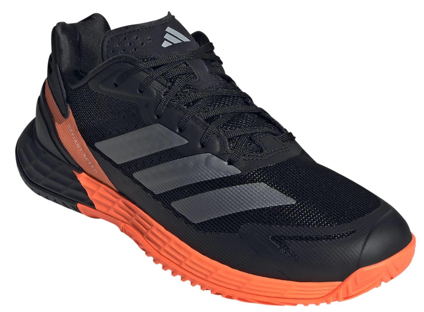 The adidas Defiant Speed 2 Men's Tennis Shoes feature a black mesh upper, three gray stripes, black laces, orange accents on the sole and heel, and the adidas logo on the tongue.