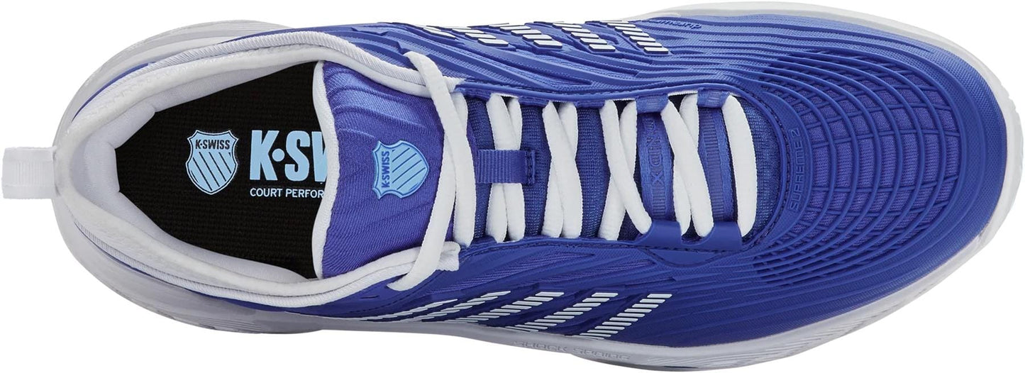 Top view of the K-Swiss Hypercourt Supreme 2 Men's Tennis Shoes in Dazzling Blue/White/Baltic Sea—lightweight sneakers with white laces, a white sole, and a black insole featuring the blue K-Swiss logo and "Court Performance" text.