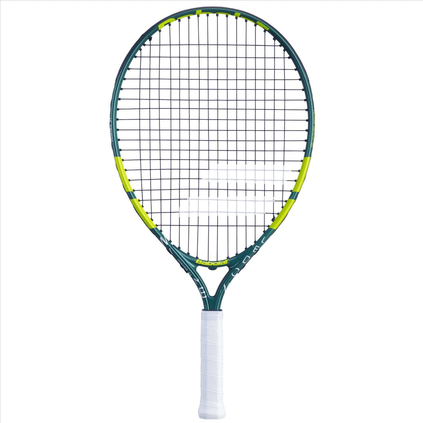 The Babolat Wimbledon 21 Junior Tennis Racket - Green features a stylish, contemporary design with a green frame accented by yellow touches and complemented by black strings. Its handle is finished with white grip tape, making it the ideal choice for aspiring young champions prepared to excel on the court.