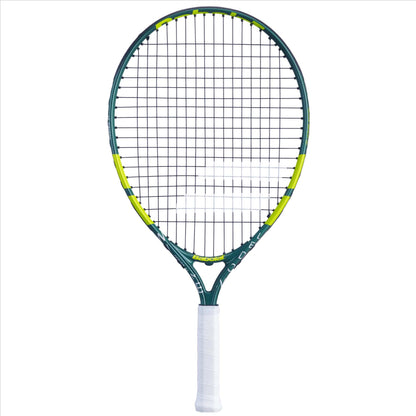 The Babolat Wimbledon 21 Junior Tennis Racket - Green features a stylish, contemporary design with a green frame accented by yellow touches and complemented by black strings. Its handle is finished with white grip tape, making it the ideal choice for aspiring young champions prepared to excel on the court.