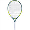 The Babolat Wimbledon 21 Junior Tennis Racket - Green features a stylish, contemporary design with a green frame accented by yellow touches and complemented by black strings. Its handle is finished with white grip tape, making it the ideal choice for aspiring young champions prepared to excel on the court.