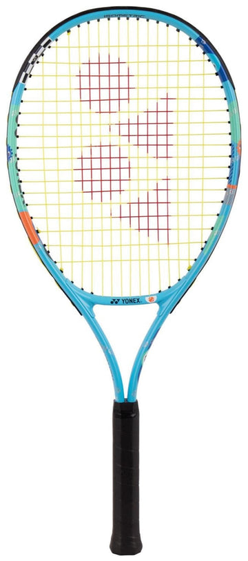 The Yonex Junior 25 Ocean Blue Tennis Racket features a black grip, yellow strings, and a red Yonex logo on the string bed—making it a perfect kids’ tennis racket.