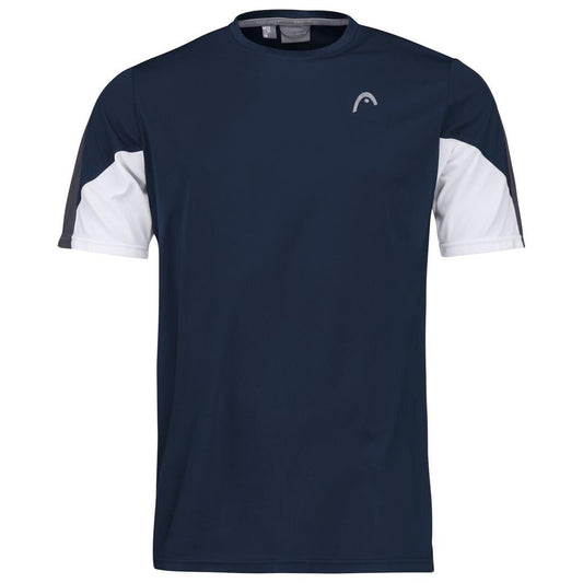 The HEAD Club 22 Men's Tech Tennis T-Shirt in dark blue boasts white accents on the sleeves and a subtle white logo on the chest. Designed with moisture-wicking technology, it provides comfort by effectively drawing moisture away from your skin.