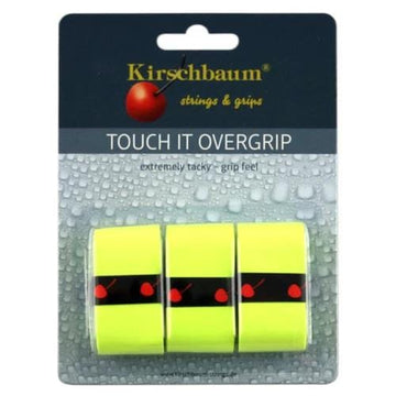 A package of Kirschbaum Touch It Tennis Overgrip 3 Pack - Yellow includes three vibrant yellow overgrips with a red cherry logo, known for their superior absorption and highly tacky grip feel.
