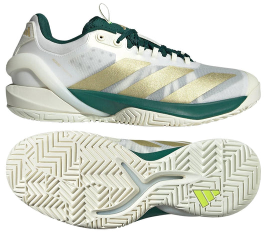 Explore the ADIDAS Cybersonic 2 Men's Tennis Shoes by adidas in white, gold, and green. The top shoe displays a side view, while the bottom highlights a herringbone-patterned sole with ENERGYRODS tech and a small triangular logo.